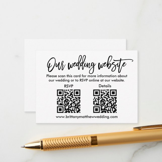 Modern Brush Script Wedding 2 QR RSVP Details Enclosure Card (Front/Back In Situ)
