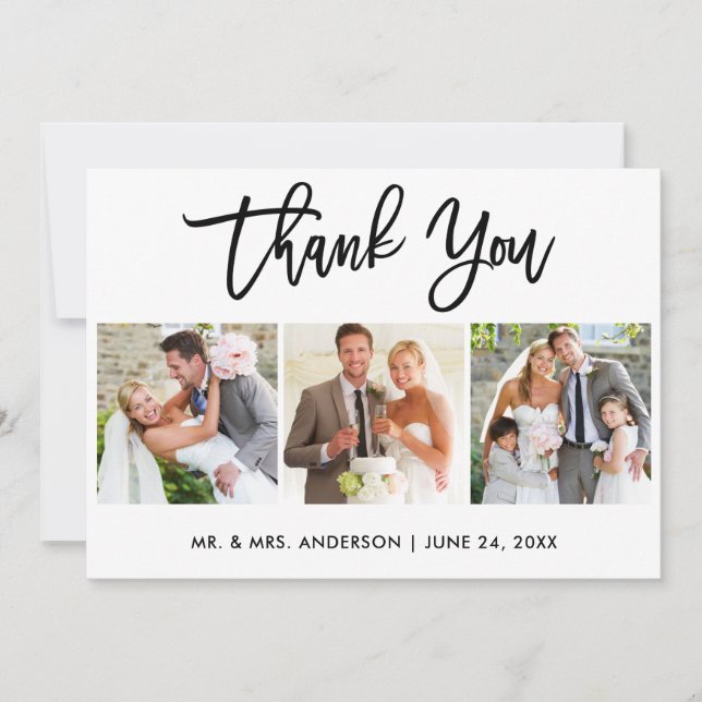 Modern Brush Script Wedding 3 Photo Thank You Card (Front)