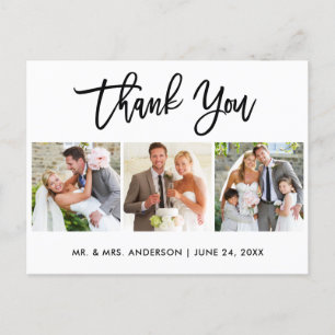 Modern Brush Script Wedding 3 Photo Thank You Postcard