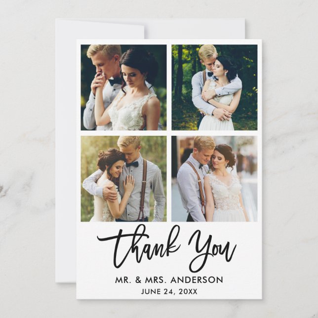 Modern Brush Script Wedding 4 Photo Thank You Card (Front)