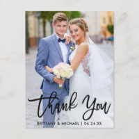 Modern Brush Script Wedding Couple Photo Thank You