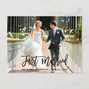 Modern Brush Script Wedding Just Married Photo Postcard