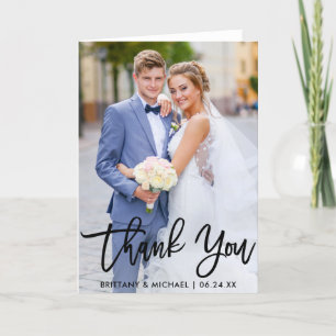 Modern Brush Script Wedding Photo Fold Thank You Card