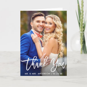 Modern Brush Script Wedding Photo Folded Thank You Card