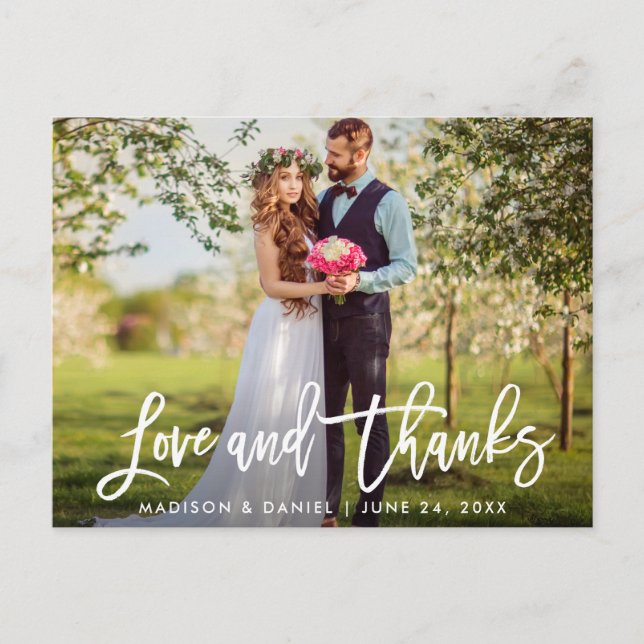 Modern Brush Script Wedding Photo Love Thanks Postcard (Front)
