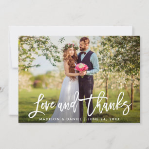 Modern Brush Script Wedding Photo Love Thanks Thank You Card