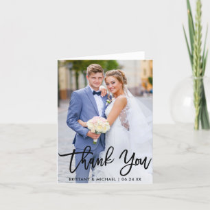 Modern Brush Script Wedding Photo Note Thank You Card