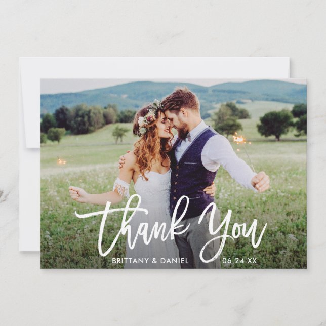 Modern Brush Script Wedding Photo W Thank You Card (Front)
