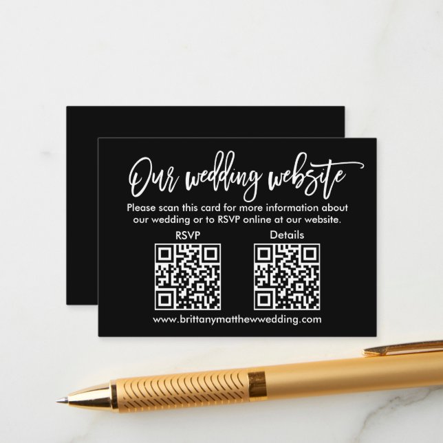Modern Brush Script Wedding QR RSVP Details Black Enclosure Card (Front/Back In Situ)