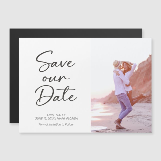 Modern Brush Script Wedding Save The Date Photo Magnetic Invitation (Front/Back)