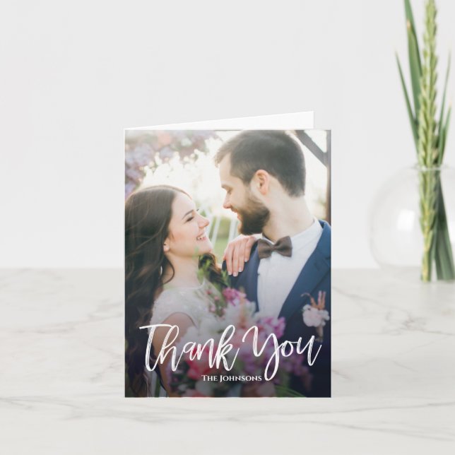 Modern Brush Script Wedding Thank You Card (Front)