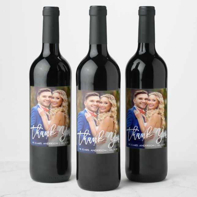 Modern Brush Script Wedding Thank You Photo Wine Label (Bottles)