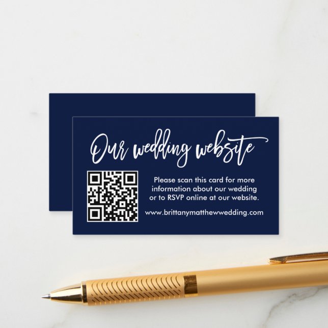 Modern Brush Script Wedding Website QR Blue Enclosure Card (Front/Back In Situ)
