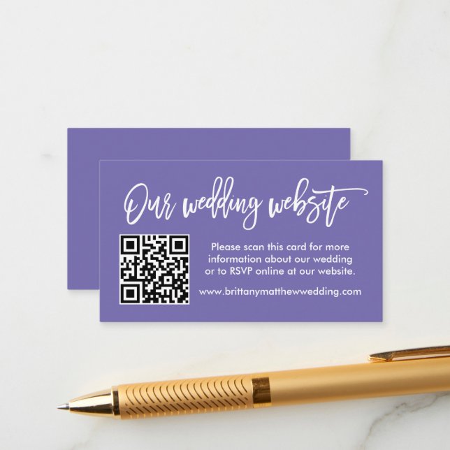 Modern Brush Script Wedding Website QR Periwinkle Enclosure Card (Front/Back In Situ)