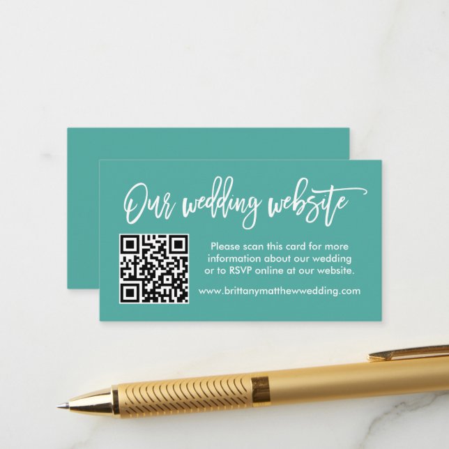 Modern Brush Script Wedding Website QR Teal Enclosure Card (Front/Back In Situ)