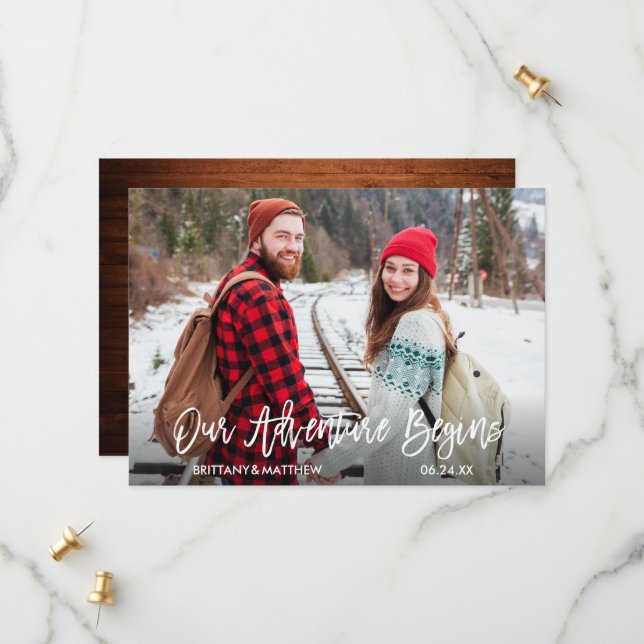 Modern Brush Script Wood Our Adventure Begins Save The Date (Front/Back In Situ)