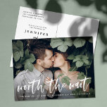 Modern Brush Script Worth The Wait Postponement Announcement Postcard<br><div class="desc">Need to change your wedding date? Our elegant change the date wedding postponement postcards are perfect to help you notify guests of your new wedding date. The trendy change the date postcard features "worth the wait" in a white, hand-lettered brush script overlay with your horizontal engagement photo. Personalise the postcard...</div>