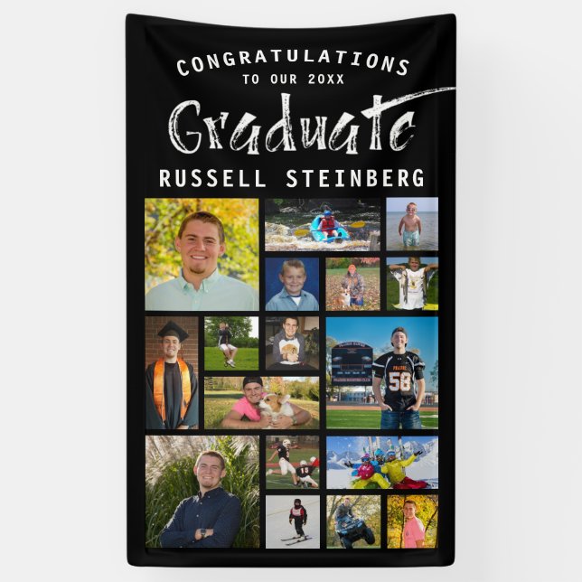 Modern Brush Stroke Graduate Photo Collage Black Banner (Vertical)