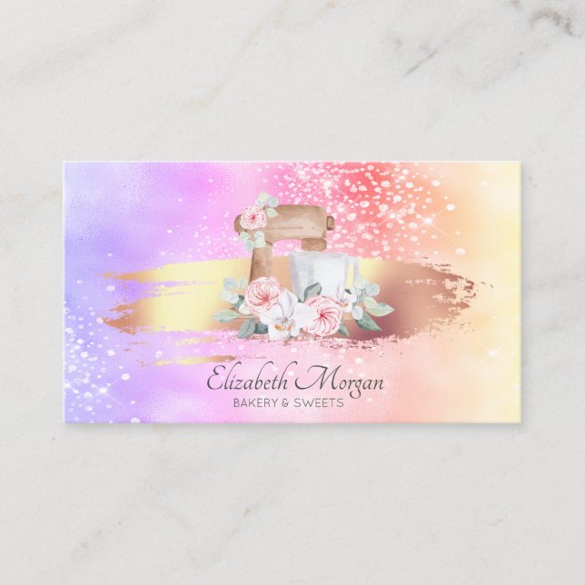 Modern Brush Stroke Holographic Floral Mixer  Business Card (Front)