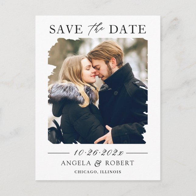 Modern Brush Stroke Photo Frame Save the Date Postcard (Front)