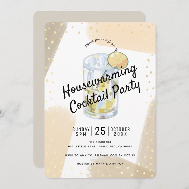 Modern Brush Strokes Housewarming Cocktail Party Invitation (Front/Back)