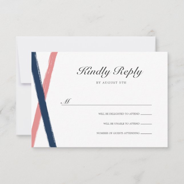 Modern Brush Strokes Wedding RSVP | Navy Coral Card (Front)