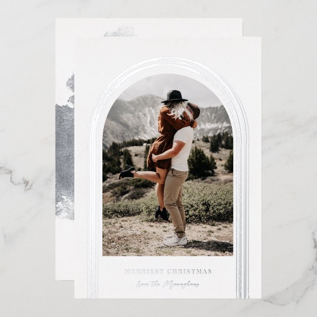 Modern Brushed Arch Frame Photo Christmas   Foil Holiday Card (Front/Back)