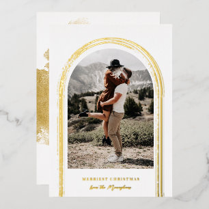 Modern Brushed Arch Frame Photo Christmas   Foil Holiday Card