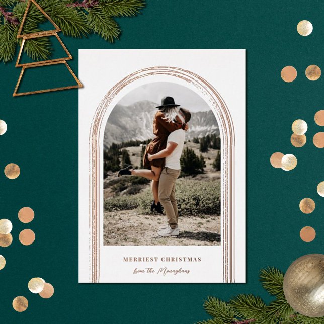 Modern Brushed Arch Photo Christmas  Foil Holiday Card (Creator Uploaded)