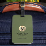 Modern Brushed Gold Monogram Olive Green Luggage Tag<br><div class="desc">A modern luxury vertical design in classic style with a brushed metallic gold monogram emblem with large typographic initial monogram on an olive green background. The text can easily be customised using the fields provided.</div>