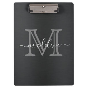 Modern Brushed Metal Black Grey Script Monogram Clipboard