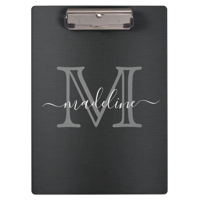 Modern Brushed Metal Black Grey Script Monogram Clipboard (Front)
