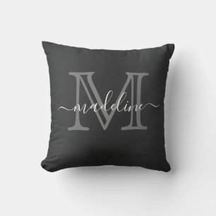 Modern Brushed Metal Black Grey Script Monogram Cushion