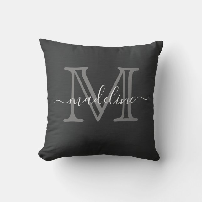 Modern Brushed Metal Black Grey Script Monogram Cushion (Front)