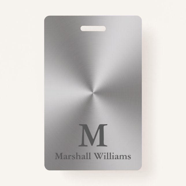 Modern Brushed Metal Look Grey Name Text Monogram ID Badge (Front)