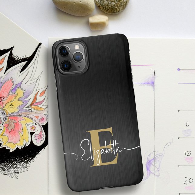 Modern Brushed Metallic Black Gold Monogram Script iPhone Case (Creator Uploaded)