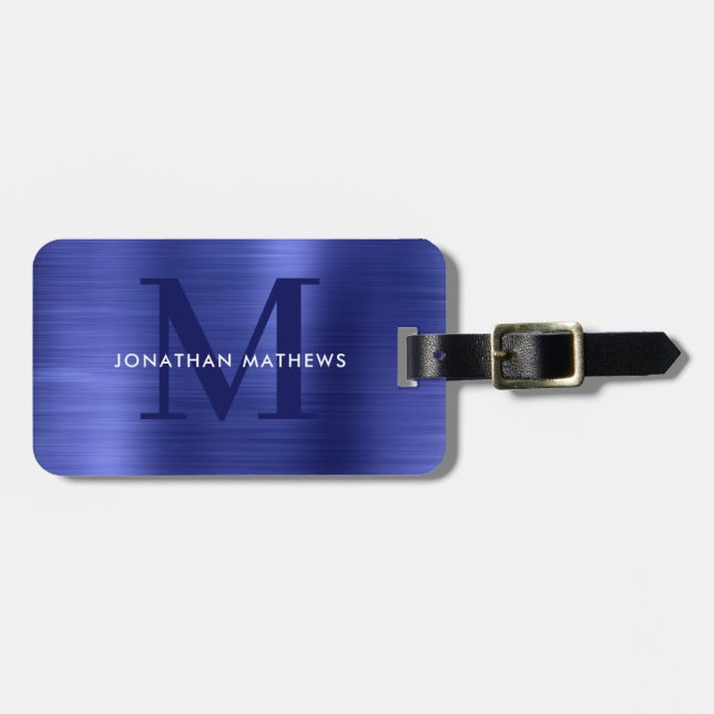Modern Brushed Metallic Blue Monogram Luggage Tag (Front Horizontal)