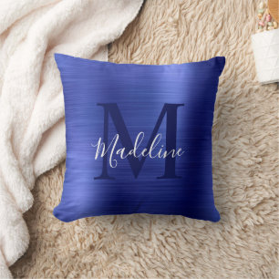 Modern Brushed Metallic Blue Script Monogram Cushion