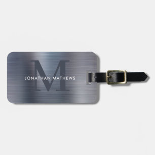 Modern Brushed Metallic Grey Monogram Luggage Tag