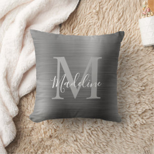 Modern Brushed Metallic Silver Grey Monogram Cushion