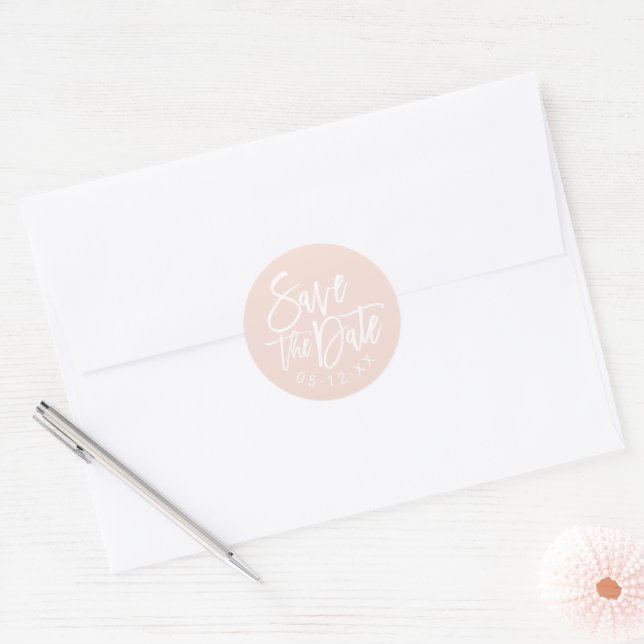 Modern Brushed Script Blush Wedding Save the Date Classic Round Sticker (Envelope)