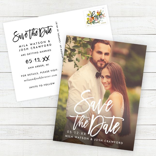 Modern Brushed Script Wedding Photo Save the Date Announcement Postcard (Creator Uploaded)