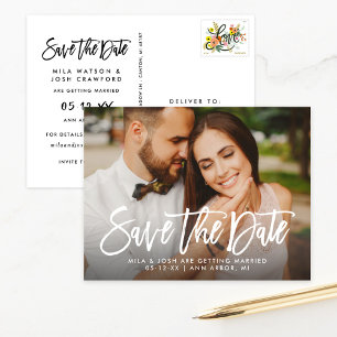 Modern Brushed Script Wedding Photo Save the Date Announcement Postcard