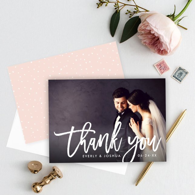 Modern Brushed Script Wedding Photo Thank You Card (Creator Uploaded)