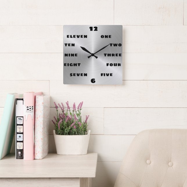 Modern Brushed Steel Black Word Numeral Face  Square Wall Clock (Reading Room)