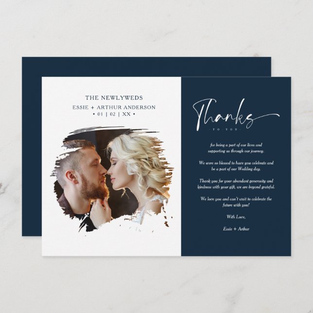 Modern Brushstoke Photo Newlyweds Couple Wedding  Thank You Card (Front/Back)