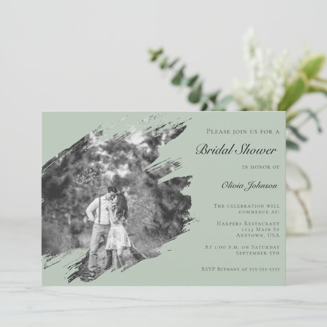 Modern Brushstroke Photo Bridal Shower Sage Green Invitation (Standing Front)