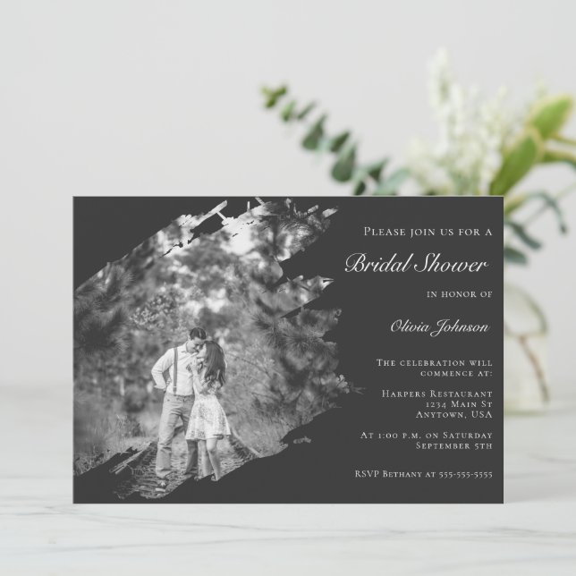 Modern Brushstroke Photo Bridal Shower Soft Black Invitation (Standing Front)