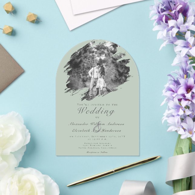 Modern Brushstroke Photo | Sage Green Wedding Acrylic Invitations (Insitu (Wedding))