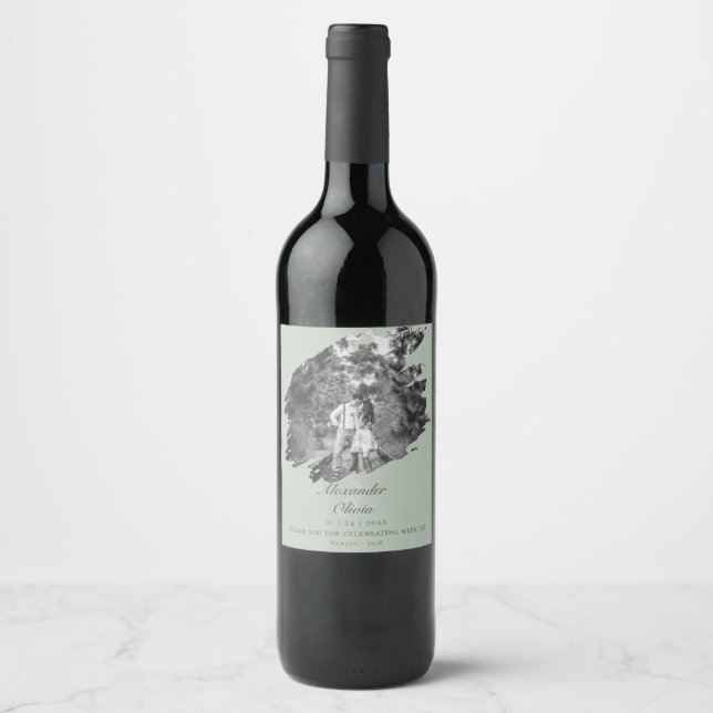Modern Brushstroke Photo | Sage Green Wedding Wine Label (Front)